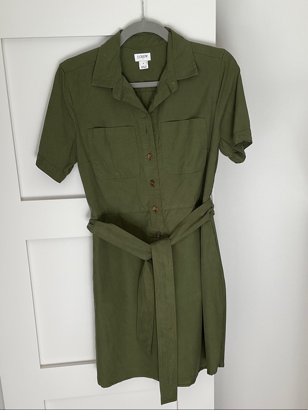 J. Crew Olive Green Short-Sleeve Shirt Dress with Waist Tie